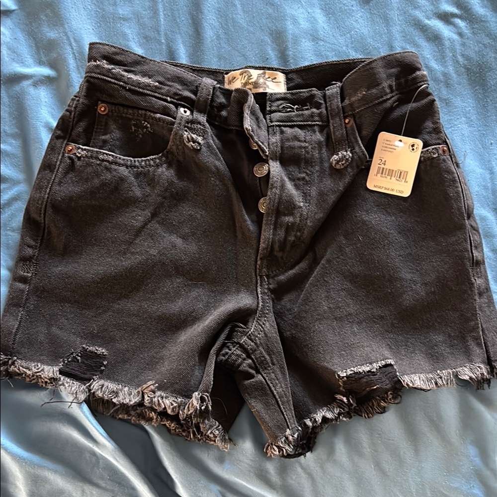 Free People Black Distressed Jean Shorts